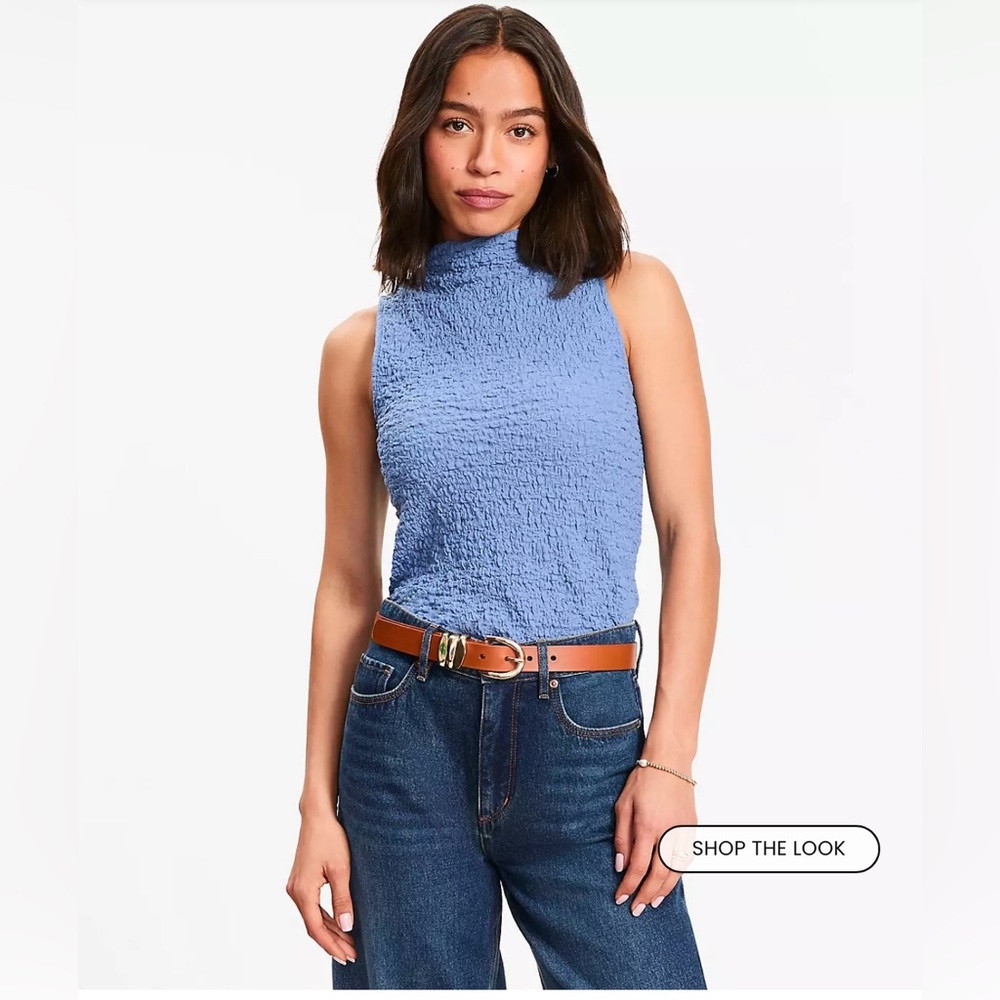 LOFT Light Blue Textured Mock Neck Tank Top